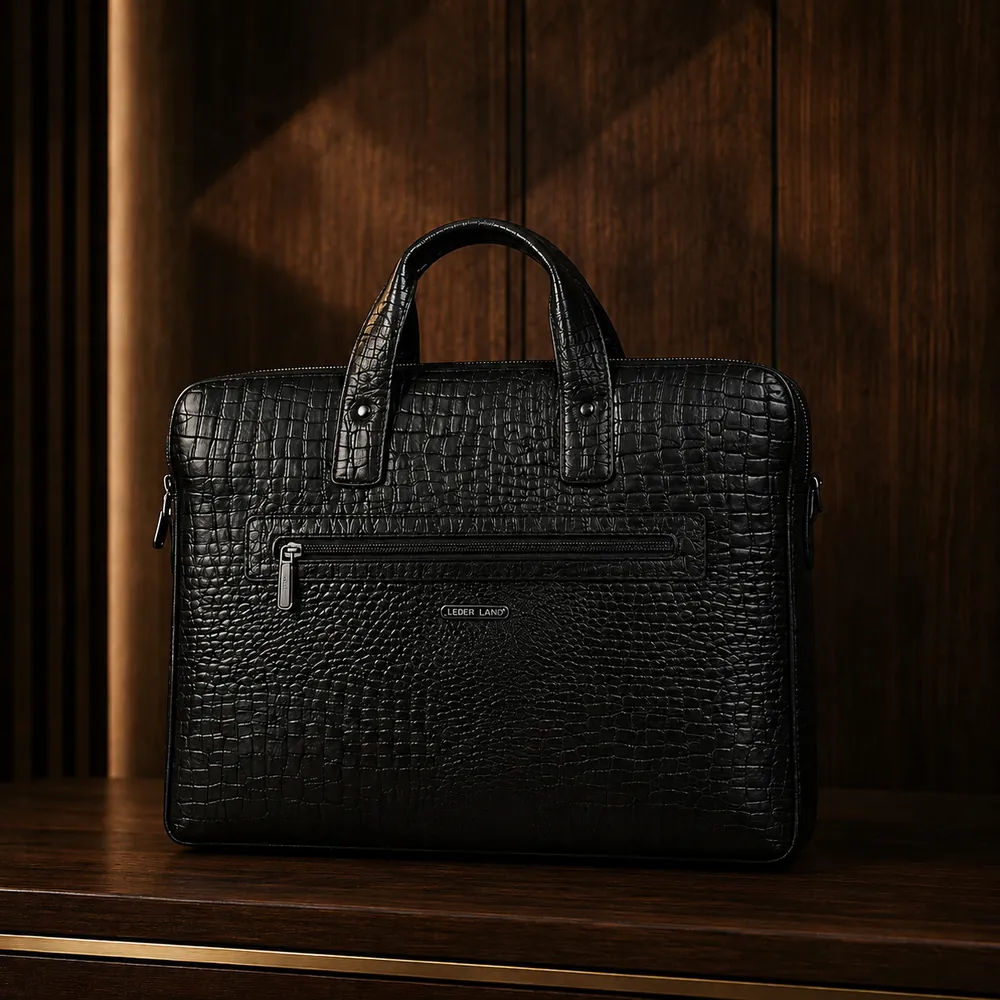 Black Croc Slim Laptop — handcrafted full-grain leather, Akhan Leather Agra