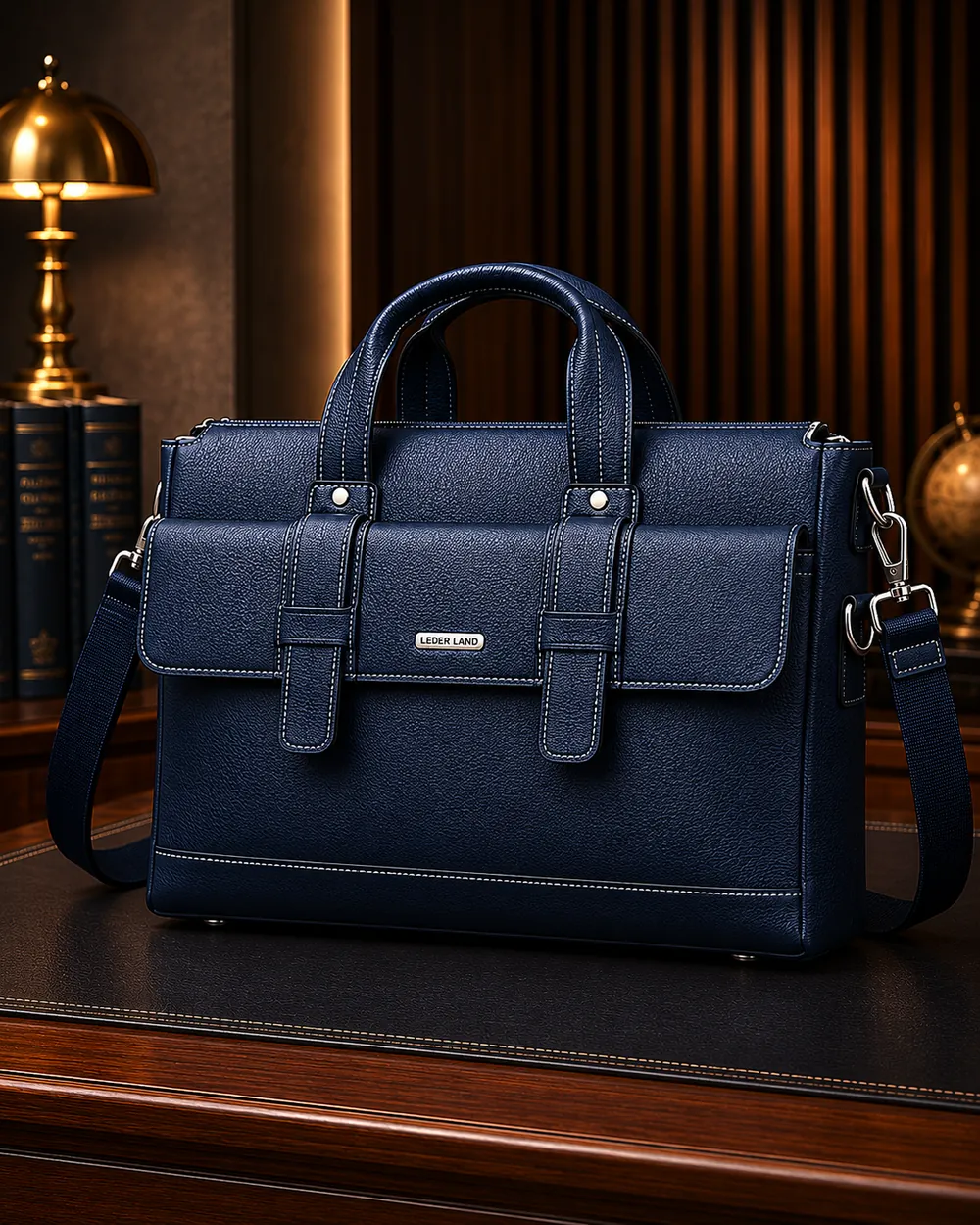 Navy Executive Briefcase — handcrafted full-grain leather, Akhan Leather Agra